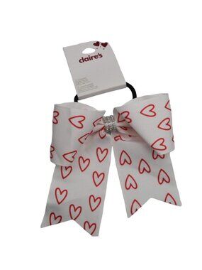 Claires Valentines Day Large Bow Hair Tie White with Red Hearts Ponytail